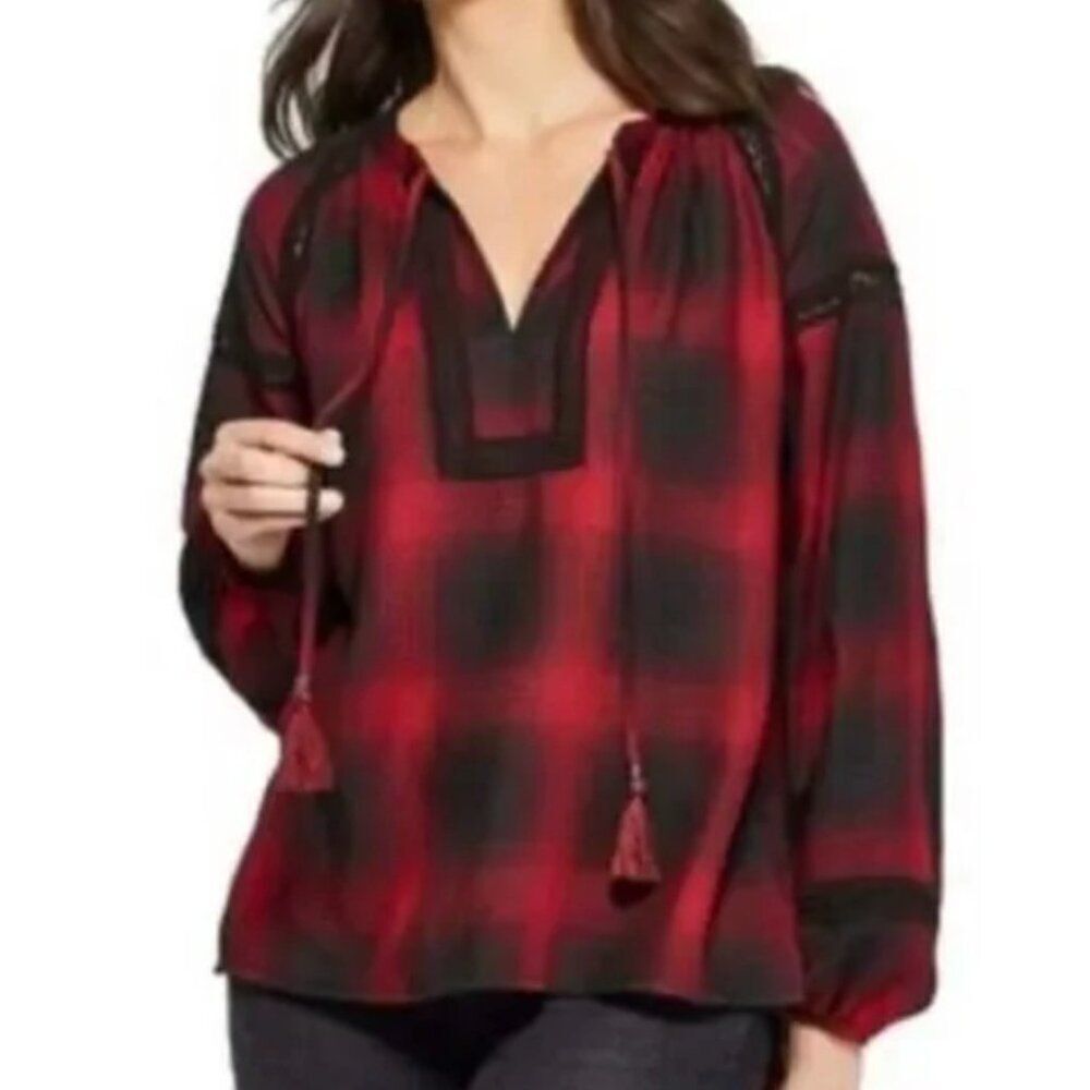 Knox Rose Peasant Blouse Womens XS Red Black Plaid Boho Cottagecore Hippieβ Top